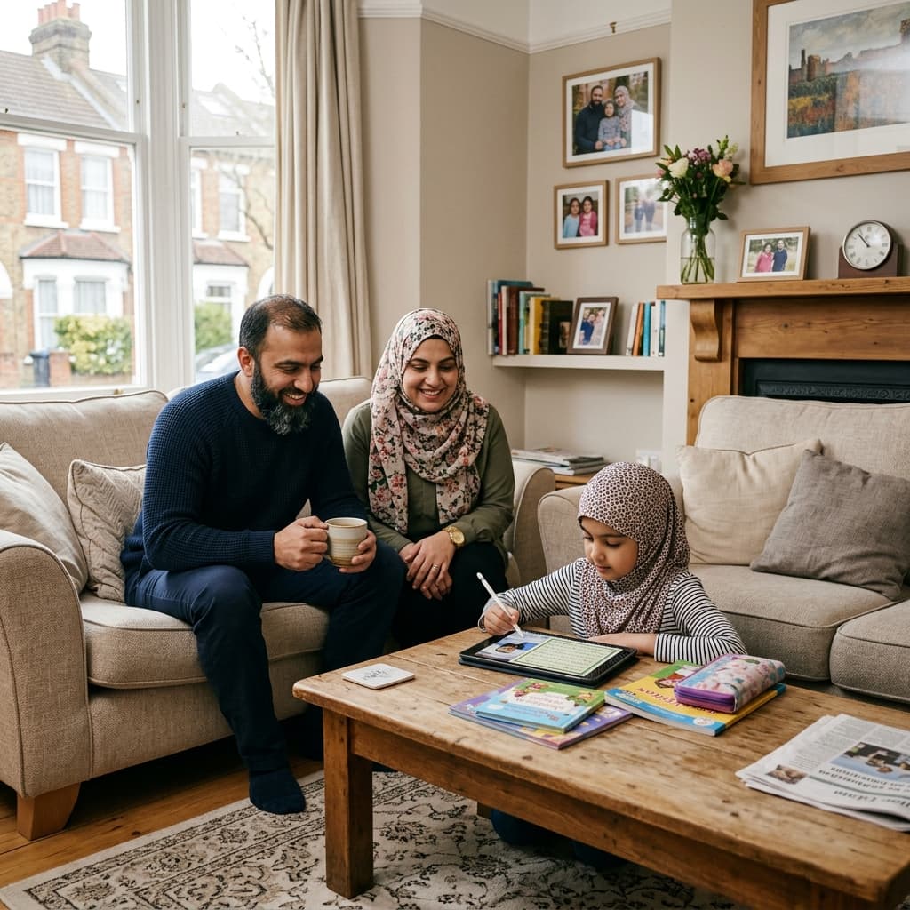 A British Muslim family sitting together in their living room, smiling and learning Quran online